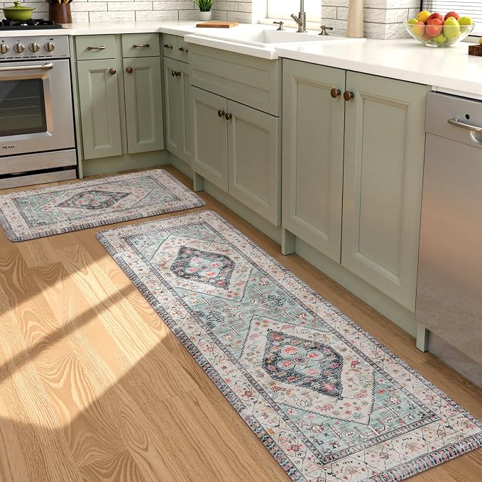KIMODE Anti Fatigue Kitchen Mats, Boho Distressed Kitchen Rugs 20"x59"+20"x32", Non Slip Waterproof Kitchen Floor Mats, Comfort Foam Mats for Kitchen Floor Sink Laundry Office Desk Blue