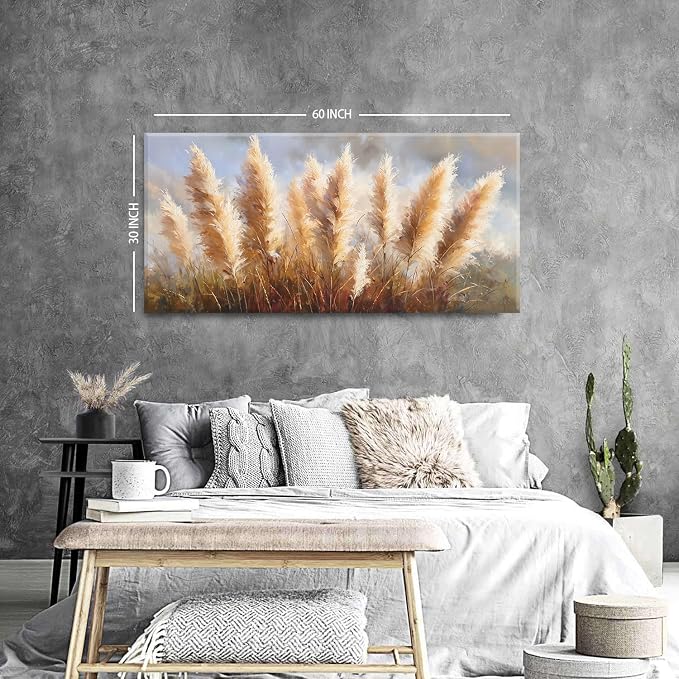 Vintage Boho Reed Canvas Wall Art Abstract Nature Plant Wall Decor Minimalist Botanical Prints Pictures Dried Reeds Flowers Poster Painting Artwork for Living Room Bedroom Home Decoration 30x60"