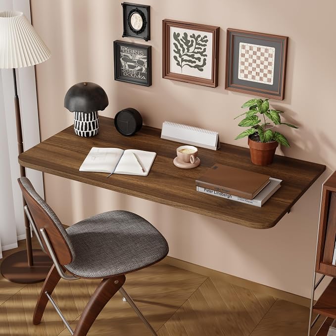 Dogsky Wall Mounted Folding Table (36x15.7 in) - 100LB Capacity Heavy Duty Wall Floating Desk, Space-Saving Workbench for Home Office, Laundry Room & Kitchen, Walnut