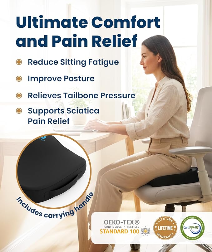 Everlasting Comfort Doctor Recommended Memory Foam Seat Cushion for Office Chairs & Car - Ergonomic Office Desk Accessories - Cushions for Tailbone Pain Relief, Sciatica (Black Cool, Large)