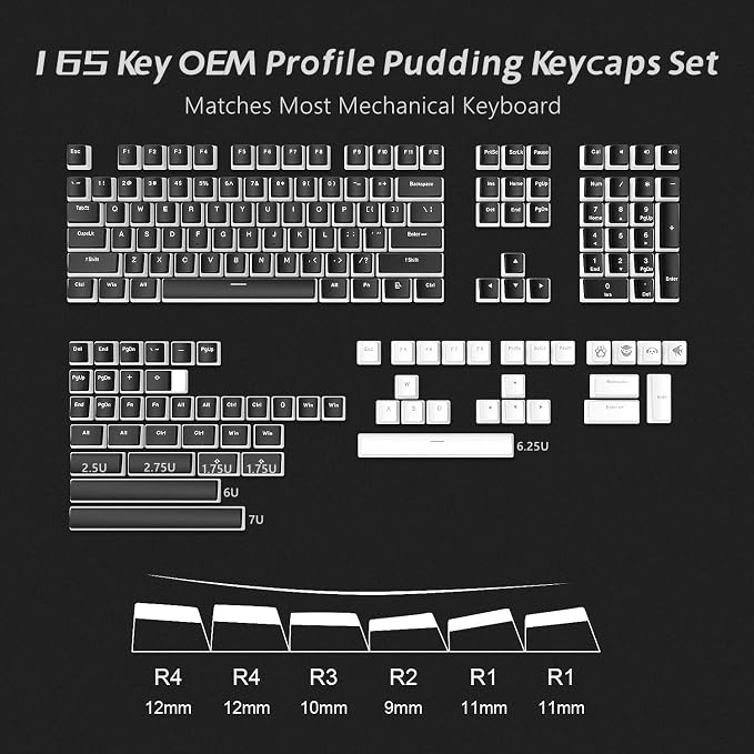 Womier Pudding Keycaps, PBT Shine Through Keycaps 165 Keys Set Custom Key caps Set OEM Profile, Universal Compatiability for 100%, 75%, 65%, 60% Keyboard-Black