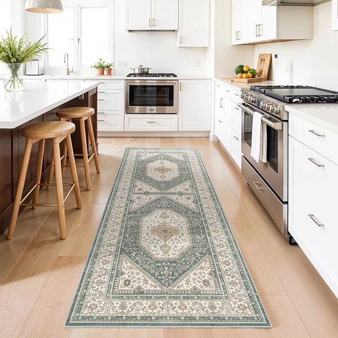 3x8 Runner Rug for Hallway Washable: Non Slip Kitchen Rugs with Rubber Backing Soft Waterproof Mats Stain Resistant Indoor Vintage Carpet Runner for Bedroom Bathroom Laundry Entryway Green/Beige