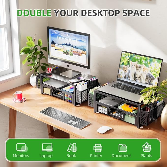 Simple Trending Desk Organizer and Accessories, 2 Tier Computer Metal Monitor Stand Riser with Drawer and Pen Holder for Laptop, Computer, iMac, Black