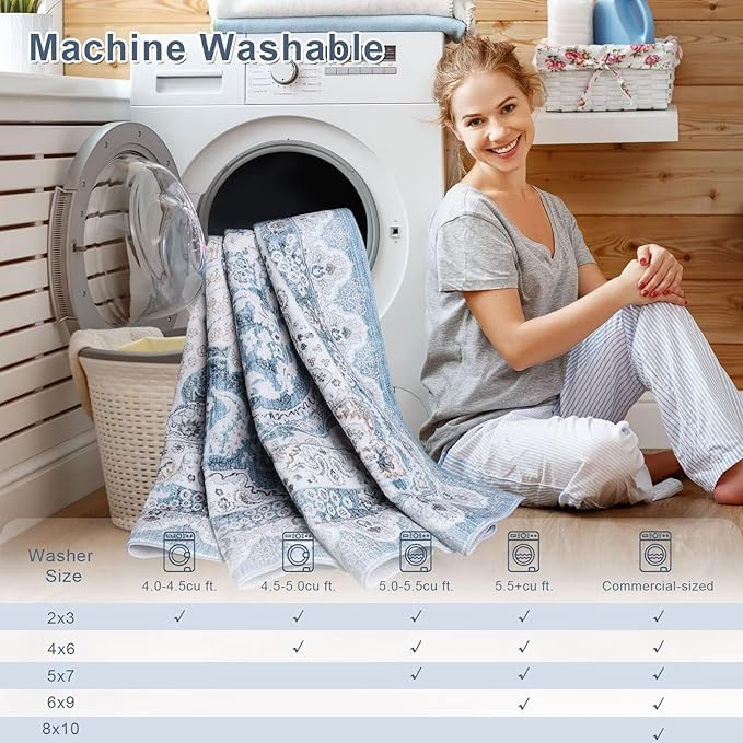 Macgace 4x6 Area Rug for Bedroom, Machine Washable Rugs with Non-Slip Backing for Living Room, Soft Vintage Carpet Kitchen Laundry Kids Room Decor, Blue & Beige