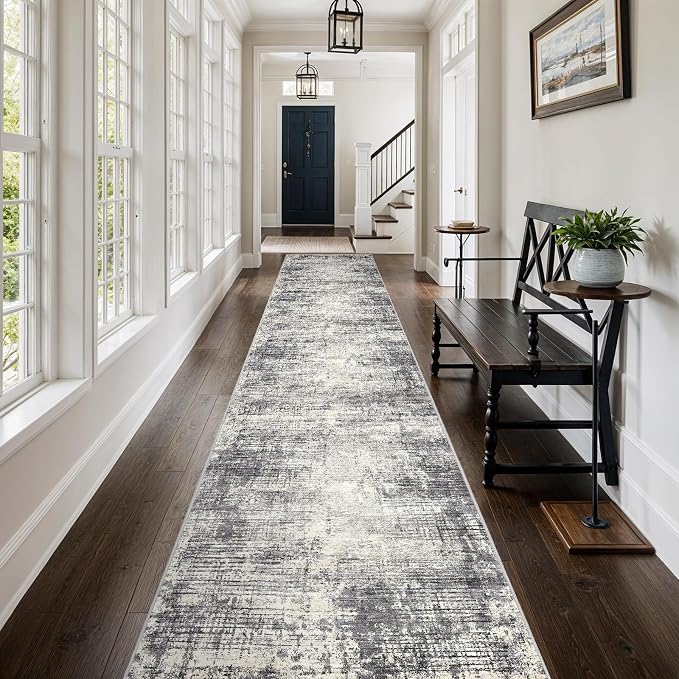 3x20 Hallway Washable Runner Rug - Non-Slip Kitchen Rugs with Rubber Backing Abstract Neutral Low-Pile Carpet Runners for Laundry Room Home Decor Bedroom Bathroom Entryway (Gray Beige,3x20)
