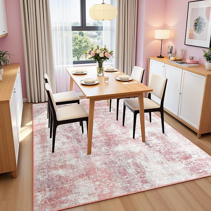 Macgace Washable Abstract Rug, 8x10 Modern Area Rugs with Non-Slip Rubber Backed for Living Room, Thin but Soft Contemporary Carpet Kitchen Bedroom Dining Room Decor, Pink