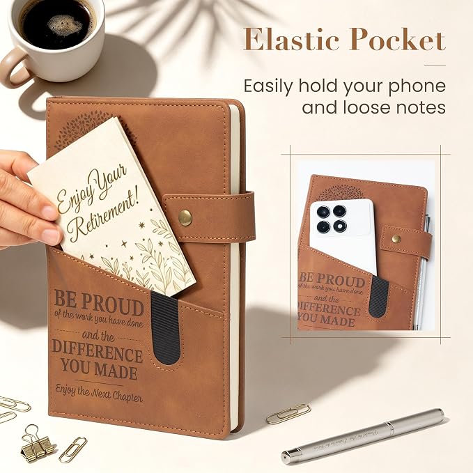 Happy Retirement Gifts for Men Women, A5 Leather Journal with Engraved Pen & Front Phone Pocket, Farewell Notebook Coworker Leaving Farewell Going Away Goodbye Gift for Teacher