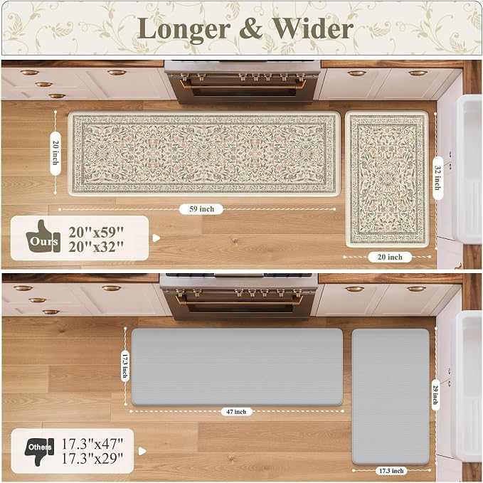 KIMODE Anti Fatigue Kitchen Mats for Floor 2 Piece 20"x59"+20"x32", Boho Kitchen Runner Rugs Non Slip, Beige Cushioned Kitchen Floor Mats, Comfort Standing Mats for Sink, Waterproof Laundry Room Rug