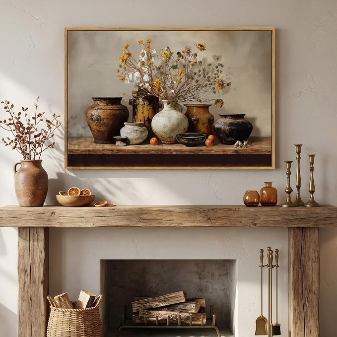 Framed Vintage Floral Pottery Kitchen Wall Art, Farmhouse Rustic Still Life Neutral Canvas Artwork for Walls, Retro Vase Flower Painting Print for Dining Room Bedroom Living Room Wall Decor, 36x24 In