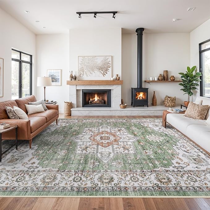 RUUGME Living Room 10x14 Area Rugs - Washable Lightweight Area Rug Stain Resistant Carpet Vintage Soft Rugs for Bedroom with Non Slip Backing Indoor Ultra-Thin Rugs Home Decor 10x14 Sage/Green