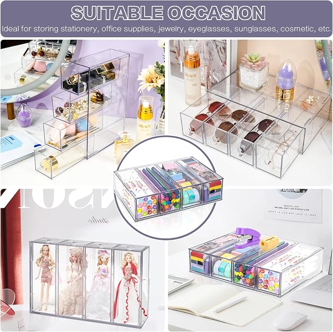 Desk Organizer with 4 Drawers, FODIENS Stackable Desktop Storage Box with Removable Drawer, Clear Sunglasses Organizer Display Case for Stationery Marker Pens Eyeglasses Office Supply | Clear Sunglasses Organizer, Display Case, Removable Drawers, For S...
