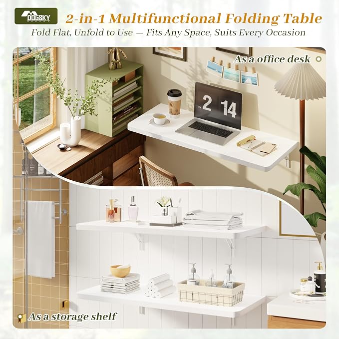 Dogsky Floating Wall Desk, 36" x 14" Wall Mounted Folding Table, Pine Wood Fold Down Wall Table, 200 lb Capacity Wall Mount Desk for Small Apartment, Laundry Room,Kitchen,Bar & Computer Use, White