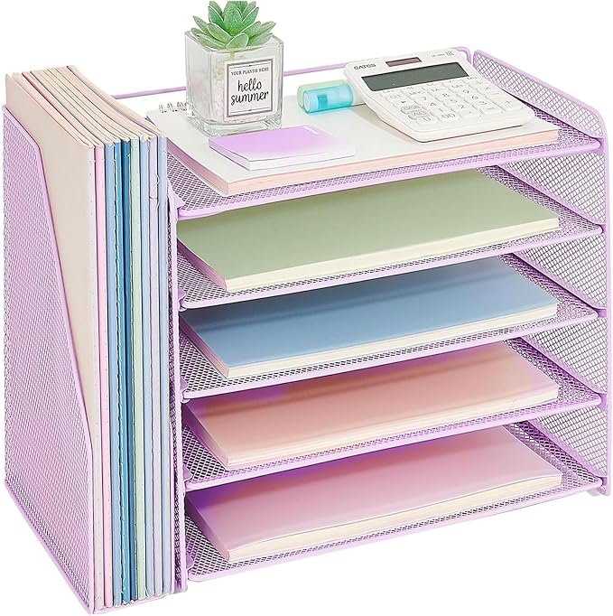 OPNICE Desk Organizer, 5-Tier Paper Organizer Letter Tray with Magazine Holder, Office Desk Accessories & Workspace Organizers, Desktop File Organizer for Office Supplies Storage, Purple