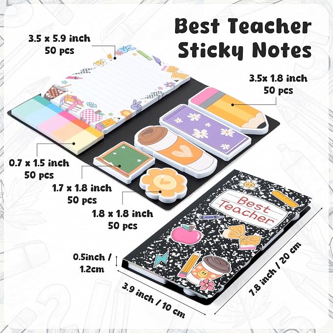 B1ykin Sticky Notes Set - Best Teacher Self-Stick Notes Pad, 550 Sheets Writing Memo Pages Sticky Notepad for Teacher Appreciation Gifts, School Office Supplies (Black Composition Line Teacher)
