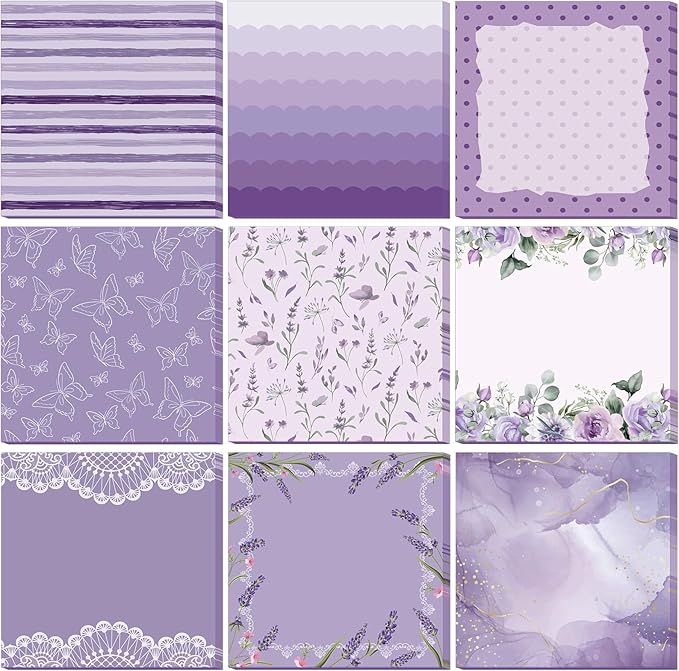 9 Pcs Aesthetic Sticky Notes Cute Pastel Self Stick Notepads Easy to Post Desk Supplies for Home Office Decor School Accessories Women Birthday Coworker Gifts(Purple)