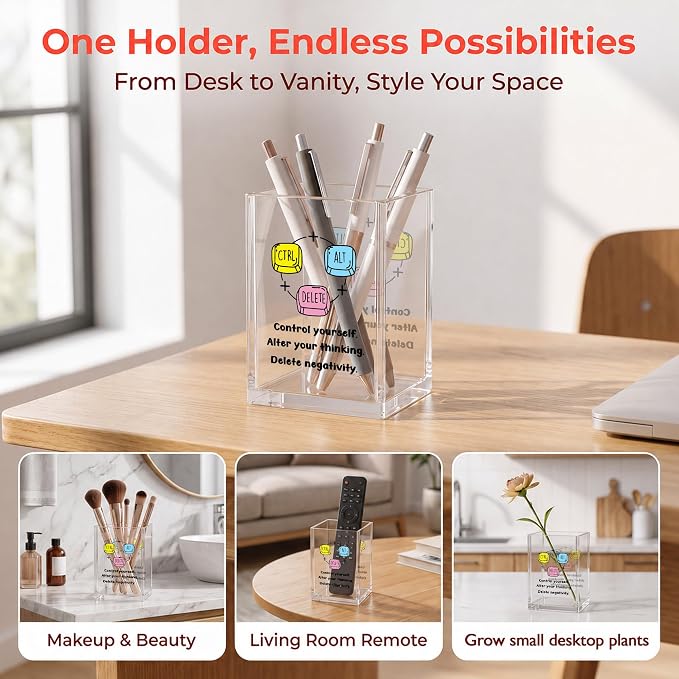 Cute Keyboard Office Acrylic Cosmetic Pen Pencil Holder Cup, Control Yourself Alter Thinking Delete Negativity Pencil Organizer, Funny Desk Accessories, Inspirational Gift Women Men（A12）