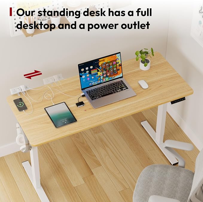 SANODESK Electric Standing Desk with Desk Clamp Power Strip 48"x 24" Whole-Piece Desktop Height Adjustable Stand Up Desk with Cable Management Sit Stand Home Office Desk White Frame/Maple Top