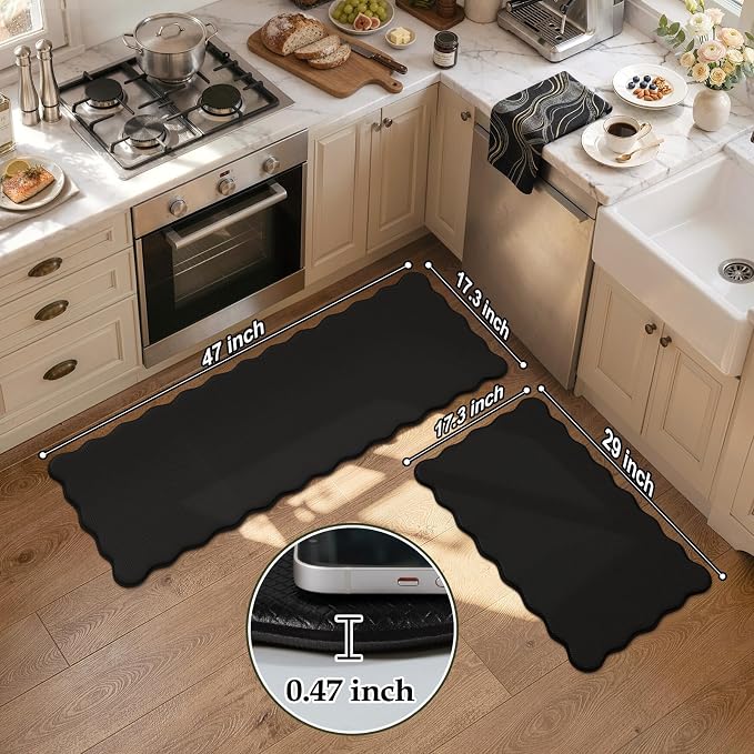 KIMODE Scalloped Kitchen Mats for Floor Cushioned Anti Fatigue Black Wavy | Paded Kitchen Floor Mat Non Slip,Farmhouse Kitchen Rugs Sink Sets of 2 Comfort Memory Foam Carpet for Office Laundry Dorm RV