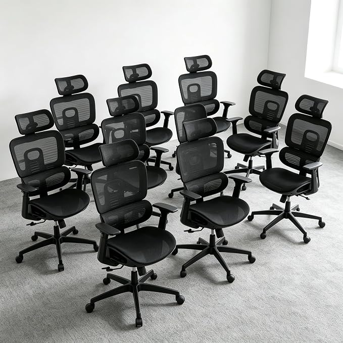 MoNiBloom Ergonomic Office Chair, High Back Mesh Desk Chair, Black, 10 Pack | with 3d armrest, high back desk chair, adjustable headrest, lumbar support, recline range from 90 to 145 degrees, L-Shape