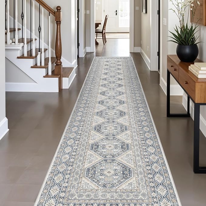 3x14 Runner Rug Kitchen Washable:Oriental Indoor Hallway Runners with Non Slip Backing Floor Mat for Entryway Door Low Pile Thin Carpet for Bedroom Bathroom Living Room Bedside (Blue, 3x14)