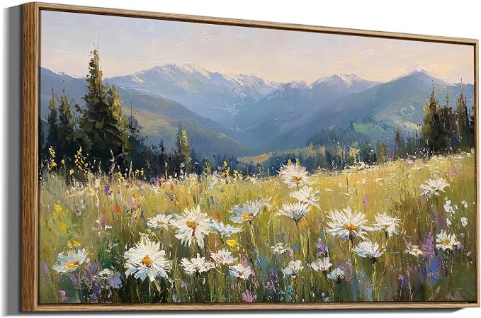 InSimSea Extra Large Framed Vintage Wall Art, Living Room Country Farmhouse Decor, Alpine Meadow Wildflowers Landscape Canvas Prints, Scenery Long Picture for Bedroom Above of Bed,20x40inch