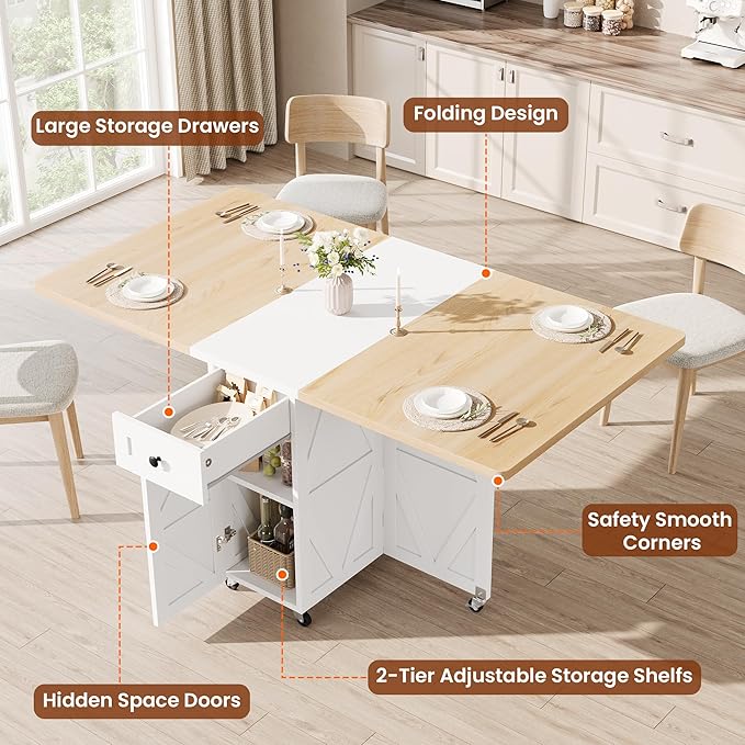 Jocoevol Folding Dining Table for Small Spaces, Foldable Kitchen Table with Drawer, 2-Tier Storage Shelf & Wheels, Space Saving Dining Table for 2 4, Farmhouse, Natural