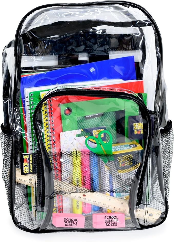 School Supply Boxes | 17" Clear Backpack Bundle for High School | Back to School Bookbag with Supplies | Pencil Pouch, Notebooks, Filler Paper, Folders, Mechanical Pencils & More