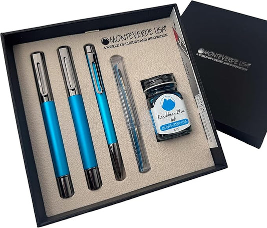 Monteverde Ritma 3+2 Piece Gift Set, Turquoise - Includes Flex Nib Fountain Pen, Rollerball, Ballpoint, 30ml Ink & Refill - Ideal for Creative Writers & Collectors