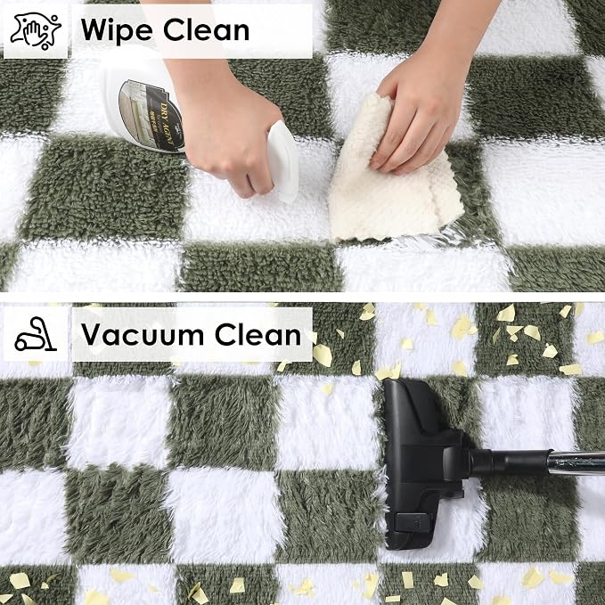 KICMOR 8x10 Area Rugs for Living Room, Large Soft Fluffy Checkered Big Fuzzy Shag Shaggy Bedroom Carpet, Olive Green and White Plush Floor Rug for Kids Boys Girls Dorm Nursery Home Decor Aesthetic