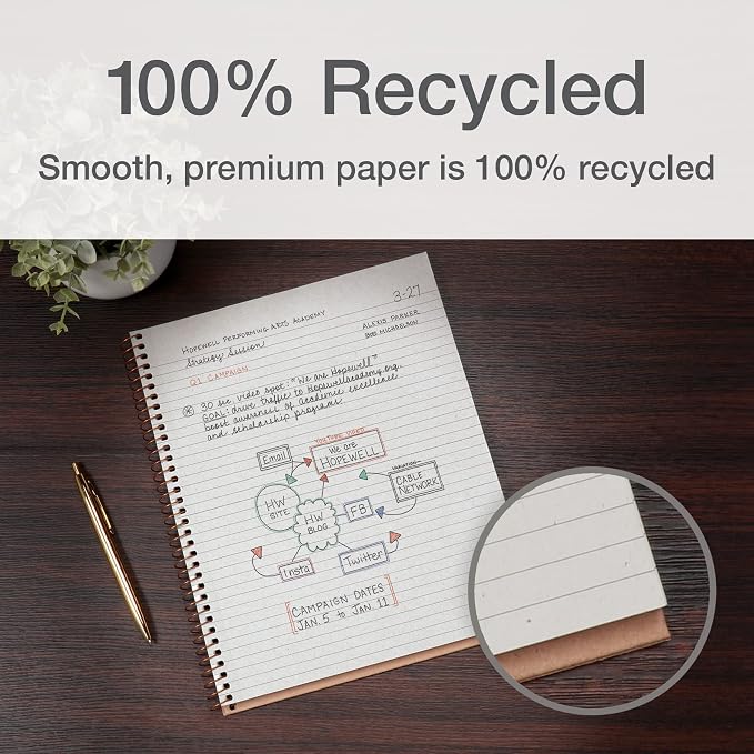 Oxford Spiral Notebooks, 2 Pack, 100% Recycled, Kraft Notebooks, Gold, College Ruled, 80 Sheets/160 Pages, Student Gifts, Teacher Gifts (90881)
