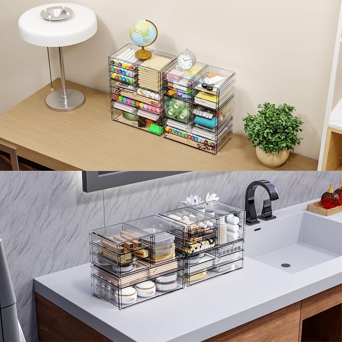 3 Pack Clear Storage Drawers With 10 Drawers,Stackable 11.1” Large Acrylic Drawer Organizer and Makeup Organizer For Vanity,Bathroom Countertop,Cabinet,Pantry,Office Supply Storage Bins Drawers