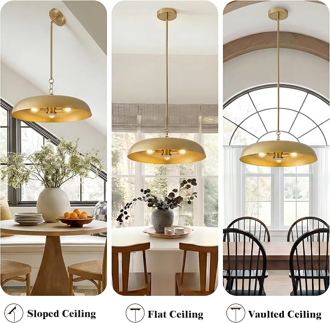 Large Pendant Lights Kitchen Island 20.4in, Gold Dining Room Fixture | 3-light hanging dome chandelier, modern all-metal frame, adjustable 18-54in downrod, E12 40W base, for over table bar cafe