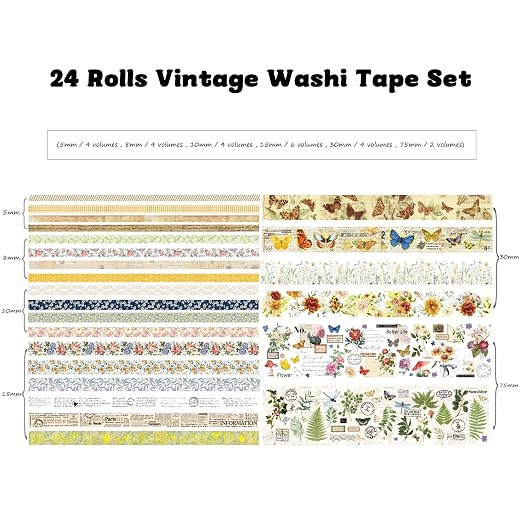 24 Rolls Vintage Washi Tape Set, Floral Letter Butterfly Mushroom Botanical Flower Writable Decorative Tapes for Scrapbooking , Junk Journal supplies, Bullet Journaling 5-75mm Wide 9.84ft long/Roll