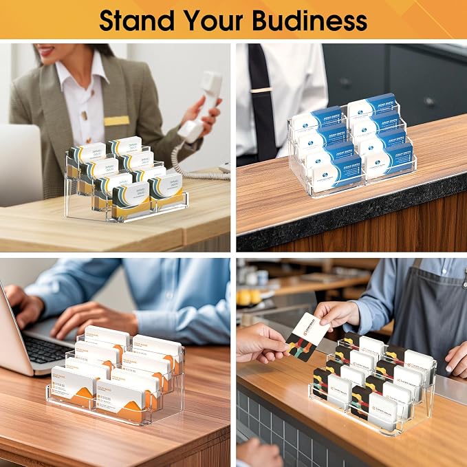 MaxGear 2 Pack Acrylic Business Card Holder, Card Display Stand, 8 Pockets | 4-Tier Freestanding Design, Clear Acrylic Construction, Fits Standard Business Cards for Reception, Office and Countertops