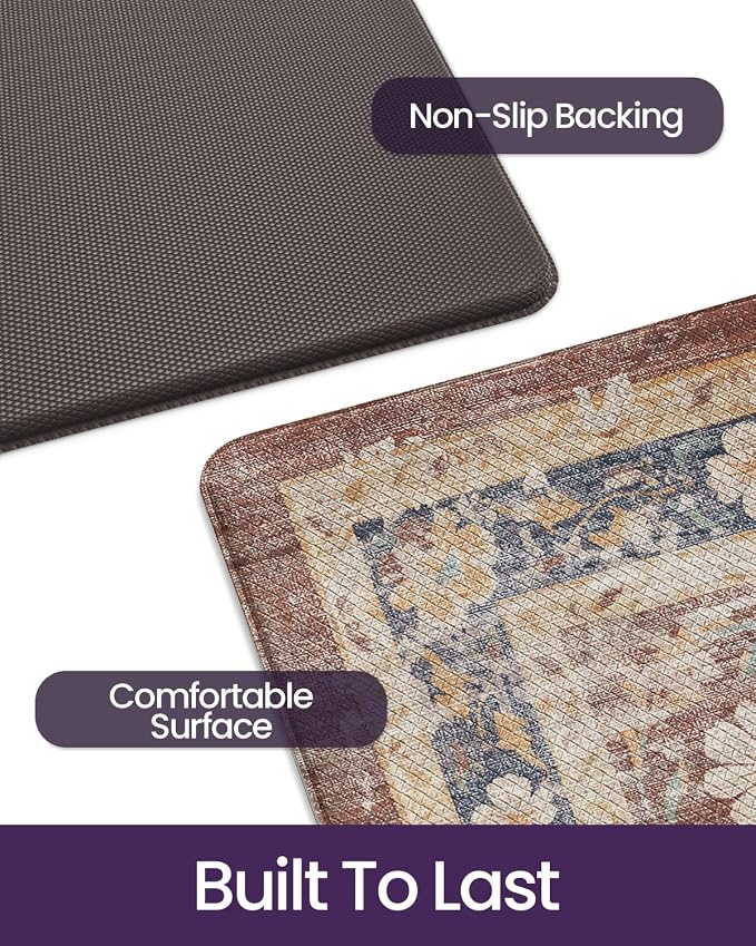 DEXI Kitchen Floor Mats Anti Fatigue, 23x59 Large Cushioned Vintage Runner Rug Waterproof, Standing Comfort Memory Foam Padded for Front Sink Laundry Office, Reddish Brown