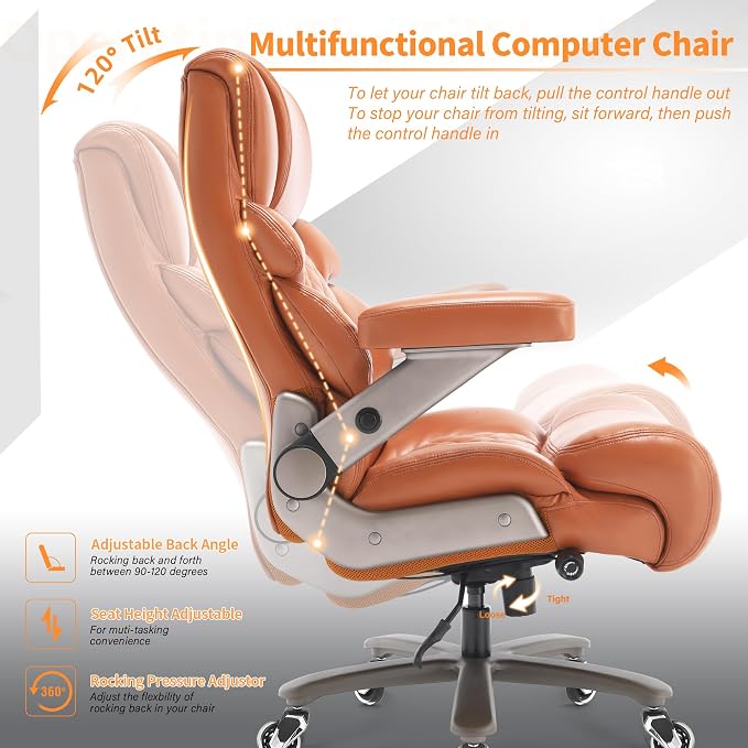 VUZI 700lbs Big and Tall Office Chair, Large Executive Leather Desk Chair | Adjustable Lumbar Support for Back Pain, Plus Size Wheels, 3D Flip Arms, Heavy Duty Metal Base, Wide Seat Computer Chair