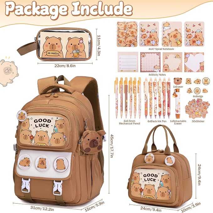 Capybara Backpack for School Girls, 30PCS Capybara Gifts School Supplies Stationery Set with Lunch Box Pencil Case Pens Pencils Notebook Cartoon for Kindergarten Elementary Student(Brown)