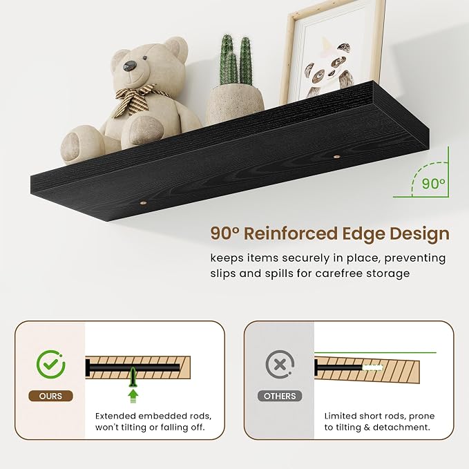 32in Floating Shelves for Wall, 32"W x 9.25"D x 1.25"H, 2 Pack Long Wall Mounted Engineered Wood Shelves with Invisible Brackets for Living Room, Bedroom, Bathroom, Kitchen Decor and Storage, Black