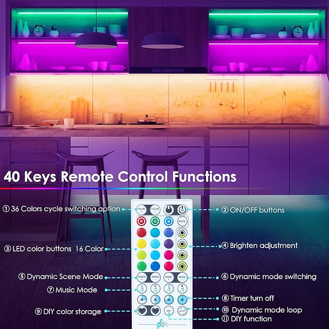 maylit 10 PCS 20In Smart RGB Under Cabinet Lights Kit, Work with Alexa and Google Assistant, App and Remote Control, Music Sync Color Changing, Timer, Dimmable, for Cabinet, Counter, Shelf, Bookcase