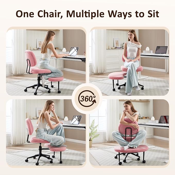 Criss Cross Chair Armless Office Chair for Cross Legged Sitting, 300lb Heavy Duty Ergonomic Desk Chair for ADHD, Adjustable Meditation Yoga Kneeling Chair with Brake Wheels for Home Office (Pink)