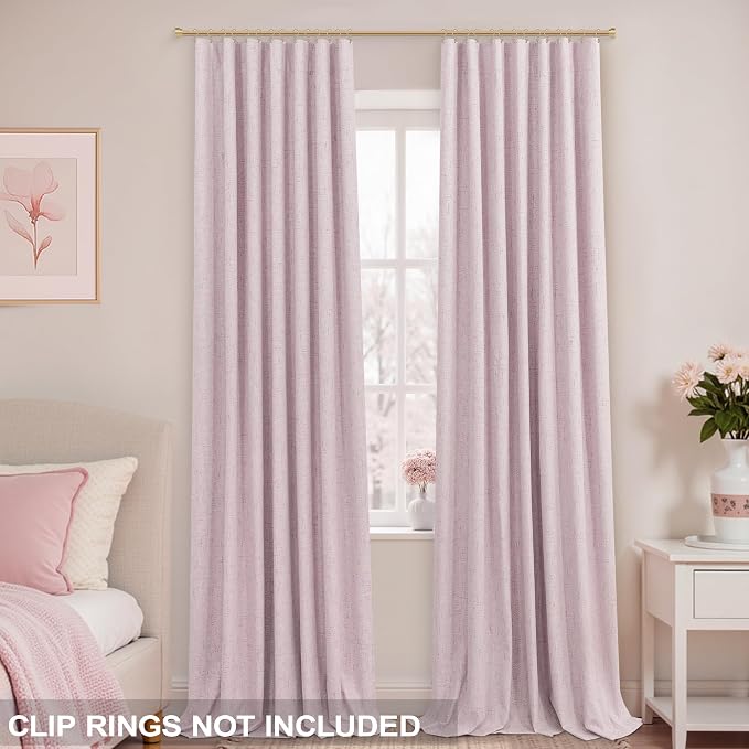 KOUFALL Light Pink Linen Blackout Curtains for Bedroom Nursery Girls Room 90 Inches Long,Modern Grey Pink Textured Back Tab Pleated Black Out Girly Curtains for Baby Toddler 2 Panels
