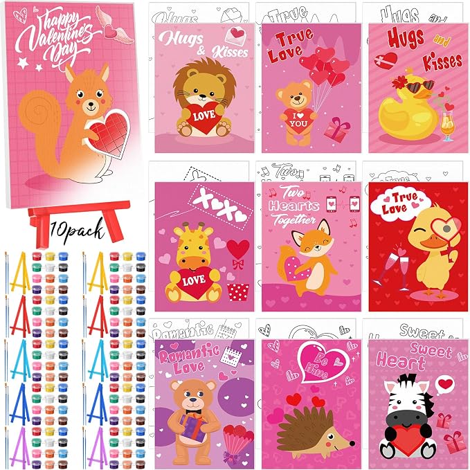 Blosssound 10 Set Valentine's Day Jungle Animals Pre Printed Canvas Pre Drawn Canvas Painting with Easel Kits 5" x 7" Outline Painting Panels for Beginners, DIY Craft Project, Party Favor, Home Decors