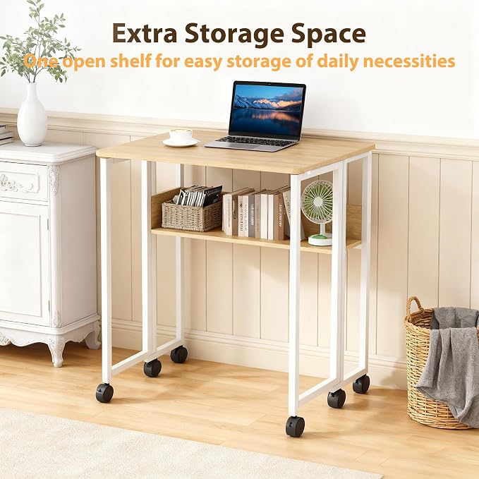 Garvee Folding Desk Small Rolling Desk with Storage Shelf,31.5 Inch Foldable Computer Table for Small Spaces, Space Saving Sofa Table with Wheels for Home Office, Study, Easy Assembly,