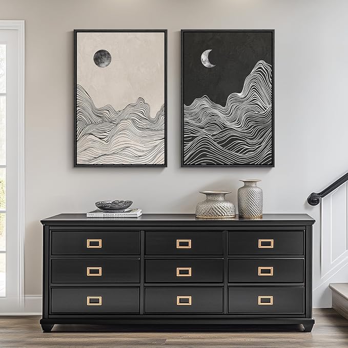 Framed Black and White Abstract Wall Art, 2 Piece Modern Canvas Prints Paintings Artwork for Walls, Abstract Mountain and Moon Pictures for Bedroom, Living Room, Dining Room Wall Decor 16x24 In