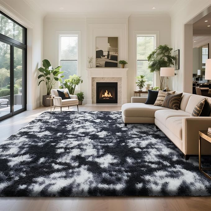 yongyangjuxin Fluffy Rug Shag Area Rug, Mottling Black 9x12 Area Rugs for Living Room, Large Shag Area Rugs for Bedroom Room Home Decor, Upgrade Anti-Skid Rectangular Fuzzy Rugs