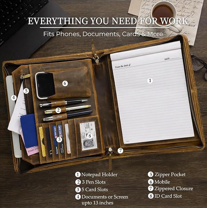 Leather Portfolio for Men - Full Grain Leather Padfolio Folder - Zipper Folio Documents Organizer - Professional Business Executive Gift for Men Women
