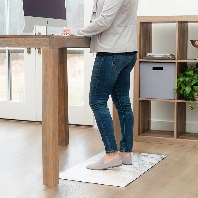 Home Dynamix Cozy Living Modern Marble Runner Anti-Fatigue Kitchen Mat, Non-Slip Floor Mat, Padded Standing Desk Mat, Gold/White, 17.5"x55"