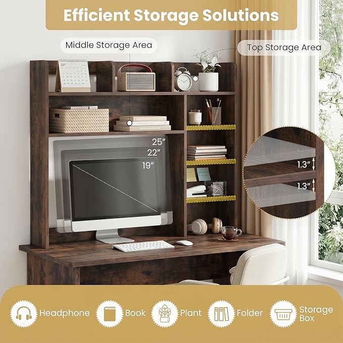 Tangkula Desktop Bookshelf with LED Lights, Desk Hutch with 8 Shelves for Max 25" Monitor, Desktop 5-Tier Display Rack, Multipurpose Wood Desktop Storage Hutch Organizer for Dorm Office Home