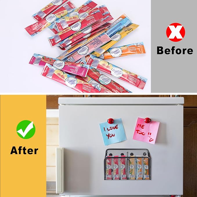 ELLDOO Magnetic Water Drink Packet Holder, 2 Compartments Magnetic Metal Mesh Tea Bag Organizer Sugar Packet Basket, Kitchen Organizers and Storage for Refrigerator and Countertop