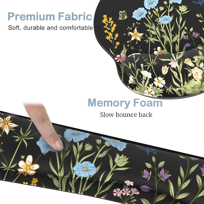 Ergonomic Mouse Pad with Wrist Rest and Keyboard Wrist Rest, Memory Foam Wrist Rest for Computer Keyboard, Easy Typing, Pain Relief, Black Mouse Pad Wrist Support for Gaming,Office, Laptop, Floral